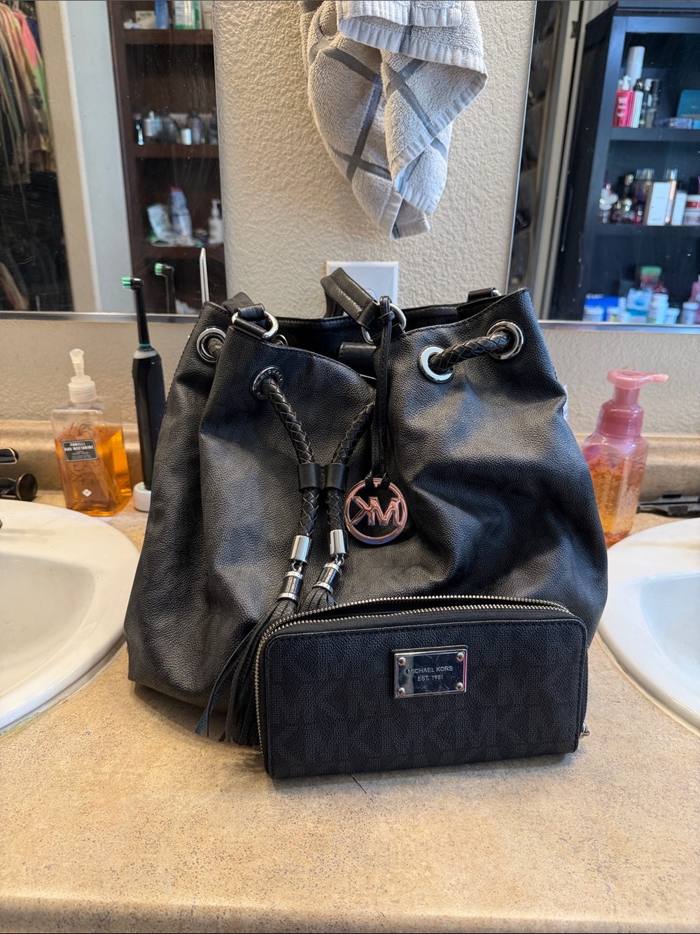 Michael Kors Black Drawstring Hobo with Matching Wallet